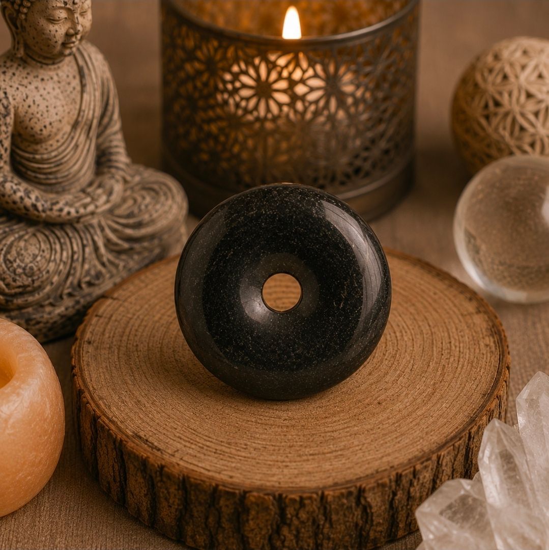 Zen-achtig stilleven met een zwarte stenen ring op een houten schijf, omringd door kaarsen, een Boeddhabeeldje en kristallen.