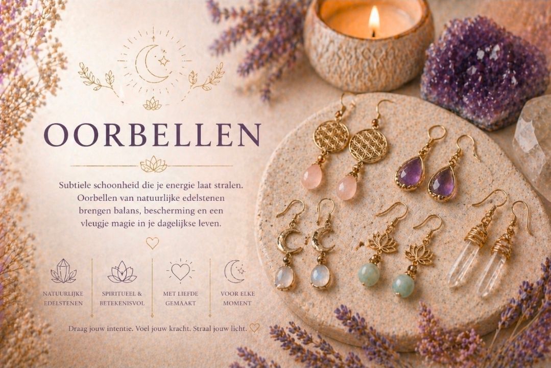 OORBELLEN sieradenreclame met gouden en paarse oorbellen, gerangschikt op kant naast een kaars en bloemen.