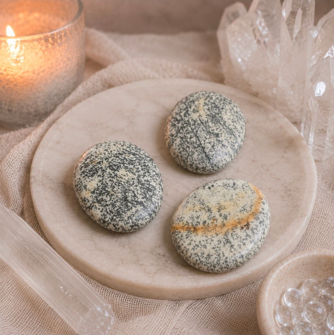 Drie gespikkelde ronde zeepjes op een klein beige dienblad met een kaars en kristallen ernaast.