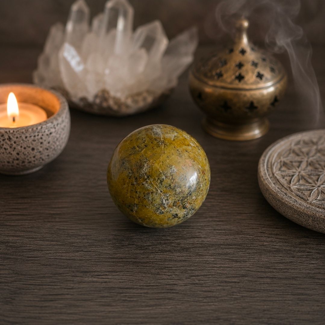 Een gele kristallen bol op een houten tafel naast een brandende kaars, een kwartscluster