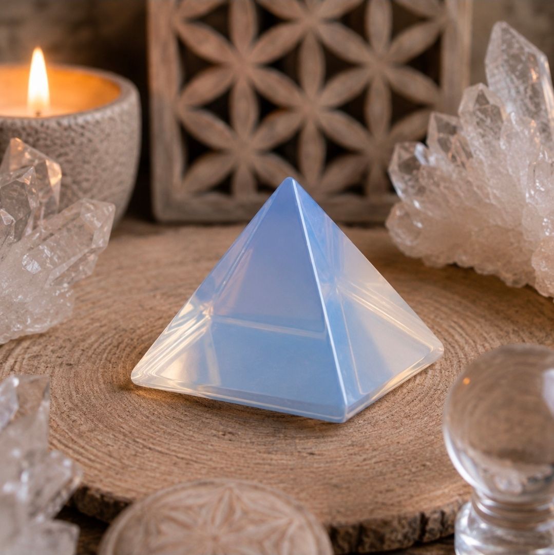 Kristallen piramide op een houten plank met kaarsen, kwartskristallen en gesneden decoraties in een warme, rustige omgeving.