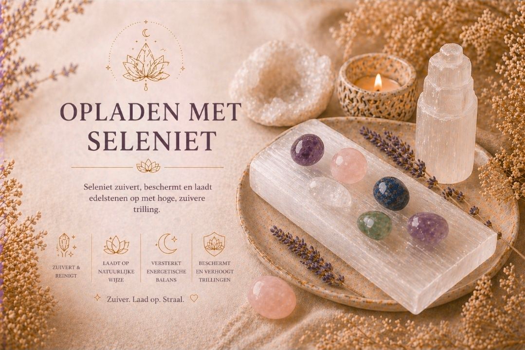 Oplaadplateau van seleniet met kristallen op een zachtbeige achtergrond, met het opschrift 