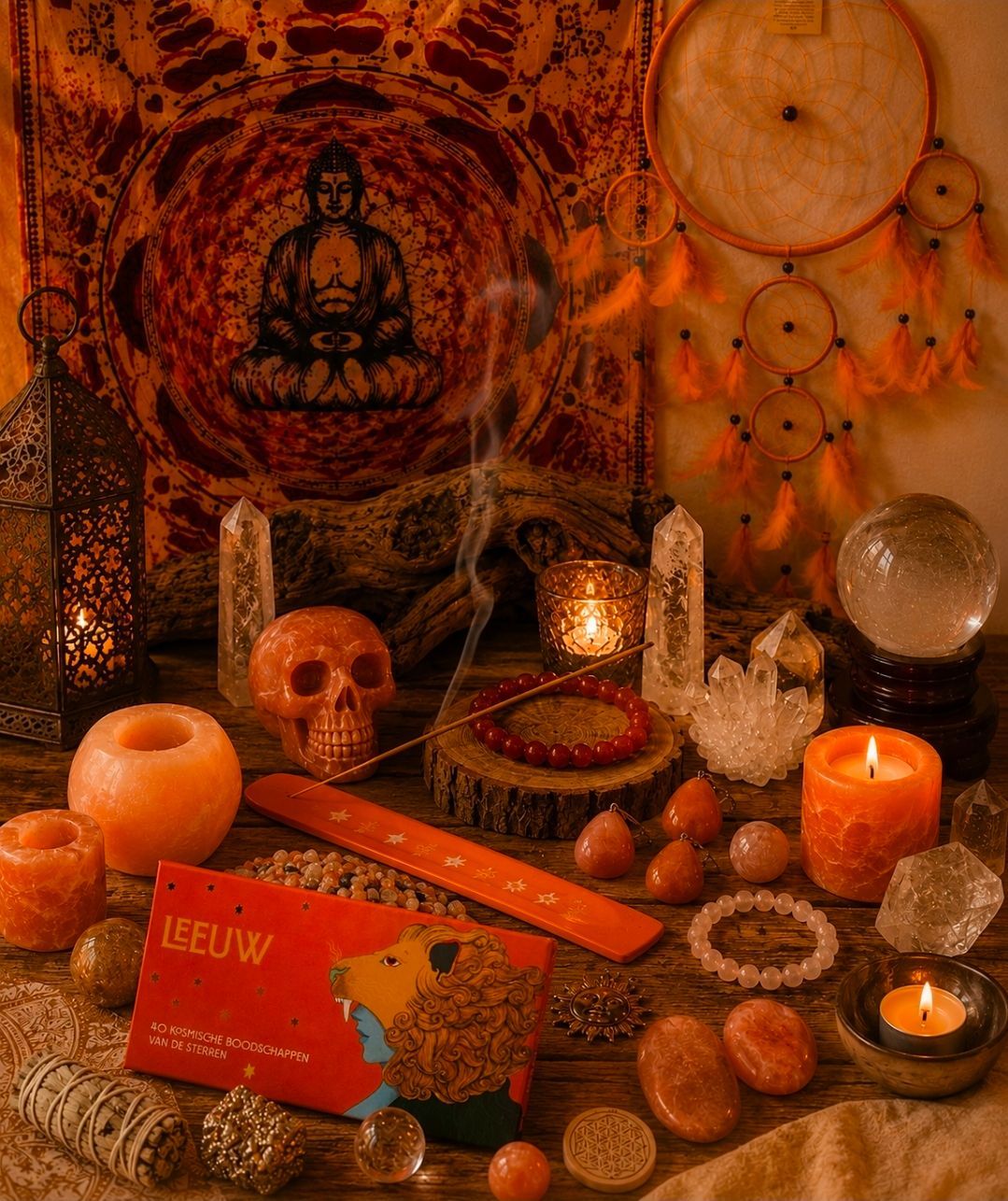 Oranje altaar met kaarsen, schedel, dromenvanger, kristallen, wierook en herfstdecoratie.