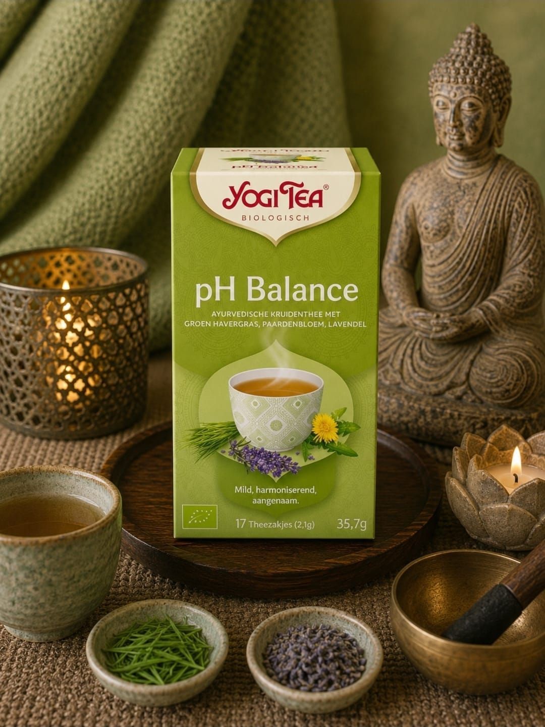 Yogi Tea pH Balance-doos met theekopje, kruiden, kaarslicht en Boeddhabeeldje op een groene, gestructureerde achtergrond.