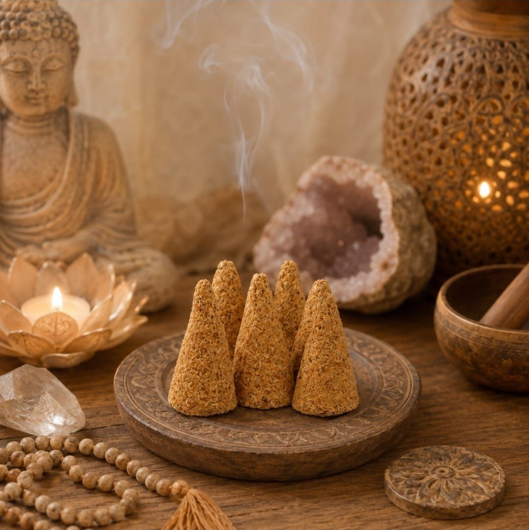 Meditatiealtaar met Boeddhabeeld, brandende kaars, wierookkegels, kristallen en houten schalen op een warme tafel.