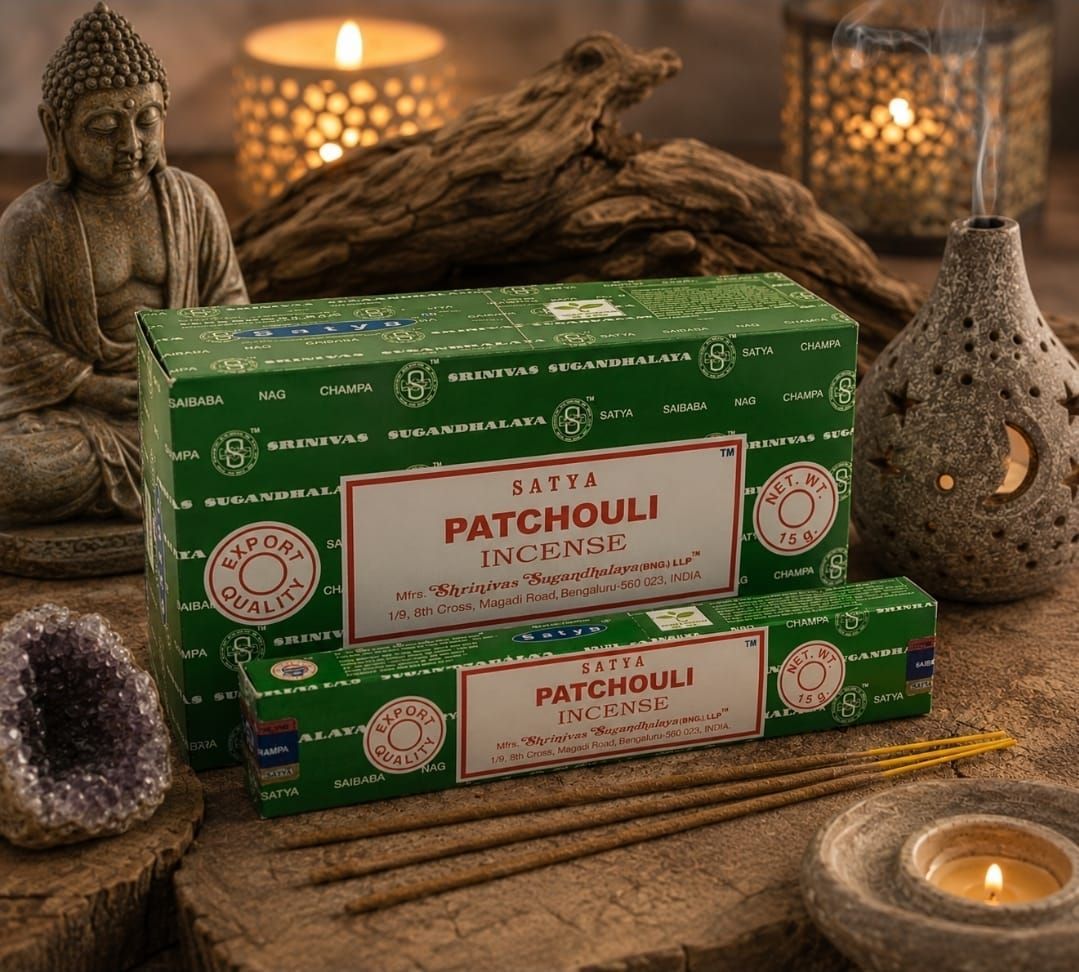 Groene patchouli-wierookdoosjes op een rustieke tafel, met kaarsen, een Boeddhabeeld en decoratieve ornamenten.