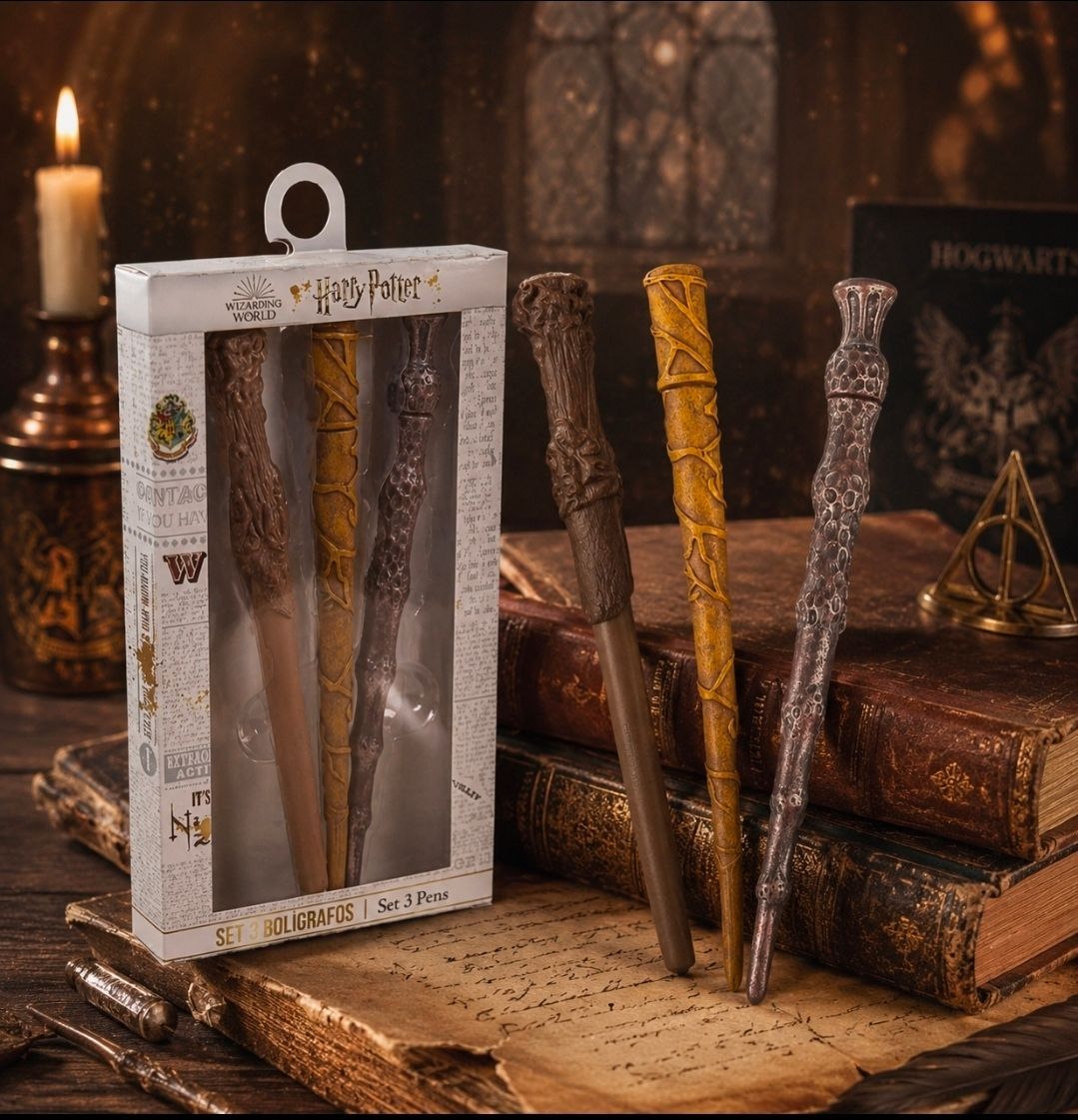 Harry Potter-cadeauset met kaars, mok, onderzetter en toverstaf op een donkere achtergrond met Nederlandse tekst.