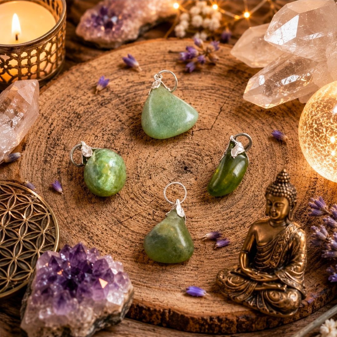 Kristallen hangers, amethist, een Boeddhabeeldje en kaarsen op een houten meditatiealtaar.