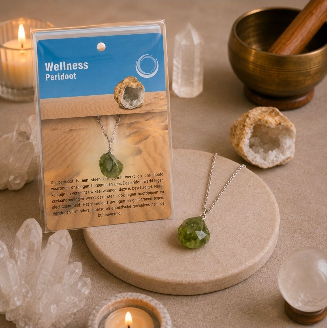 Wellnesshanger op een displaykaart met kristallen decoratie, kaars, schaal en steen in een zachtbeige omgeving.