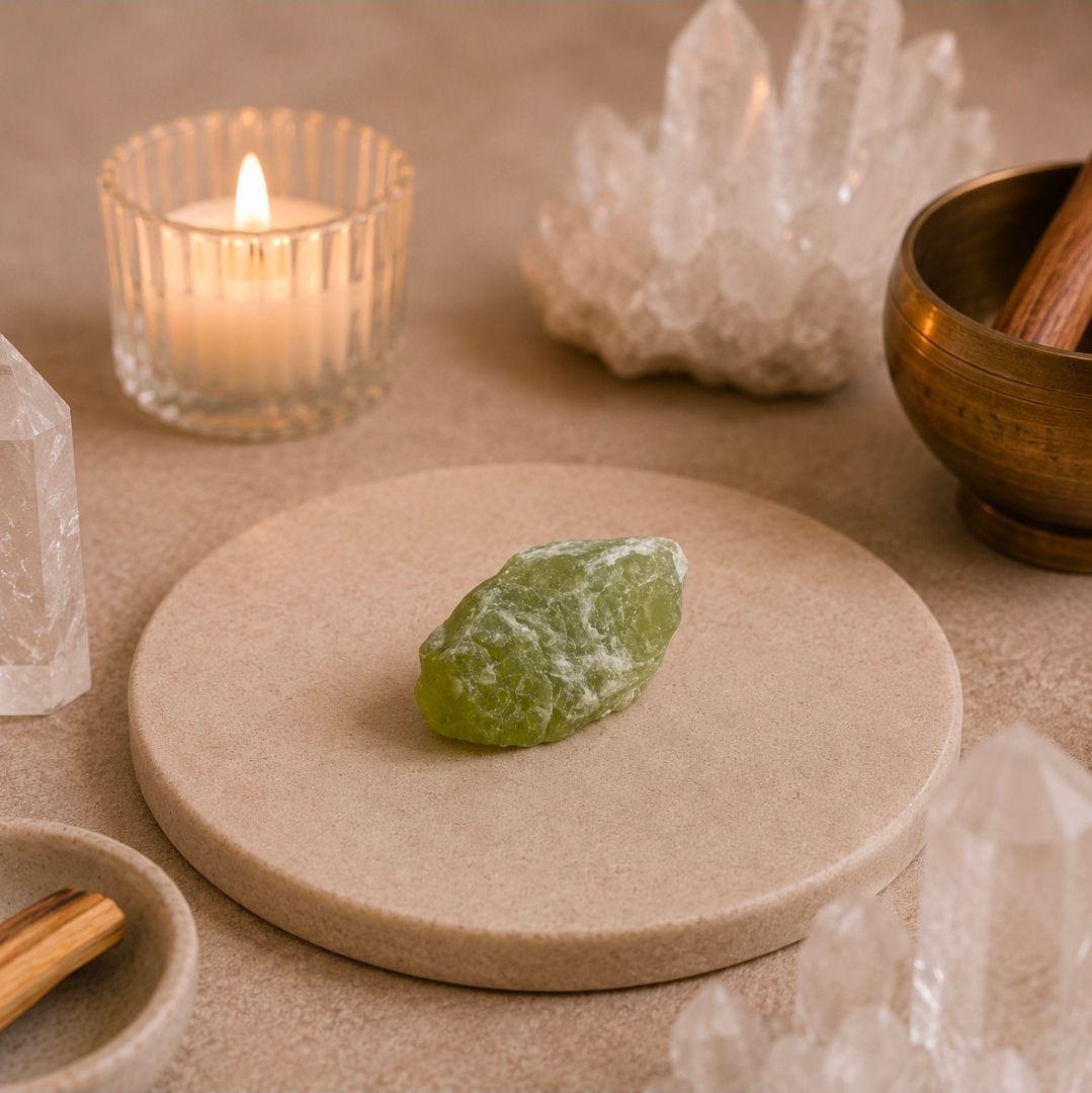 Meditatiealtaar met groene kristallen op beige steen, brandende kaars, kwartsclusters en houten kom.