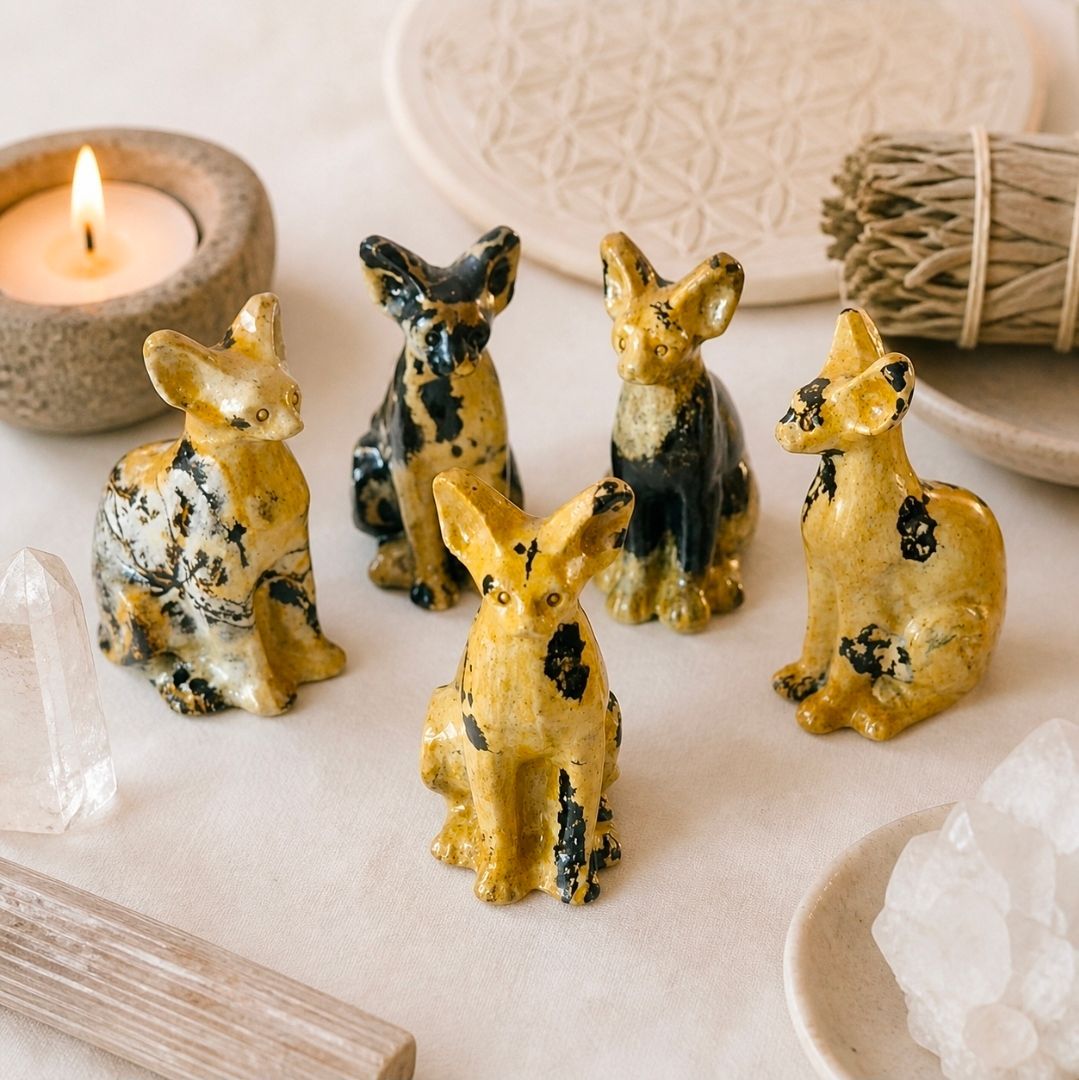 Vijf kleine goud-zwarte dierenbeeldjes op een beige tafel met kaarsen en kristallen in de buurt.