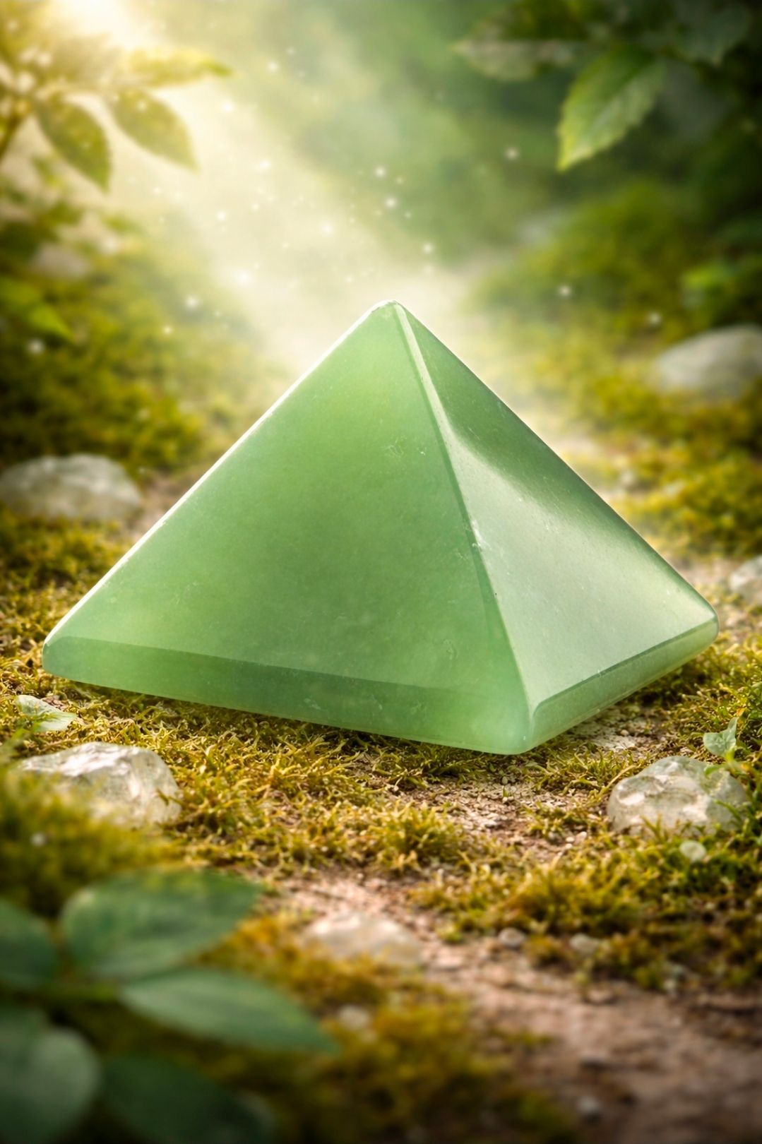 Groene kristallen piramide op een met mos begroeide bosgrond, waar zacht zonlicht door de bladeren filtert.