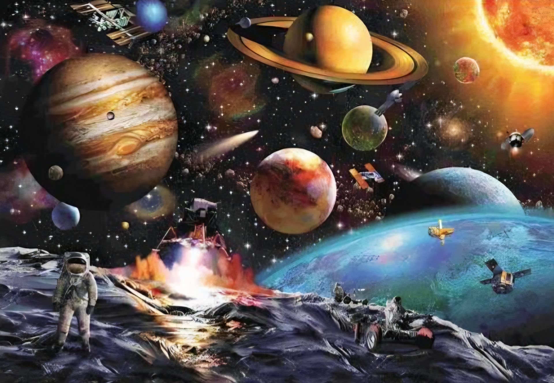 Astronaut op het maanoppervlak, onder kleurrijke planeten en sterren in een surrealistisch ruimtelandschap.