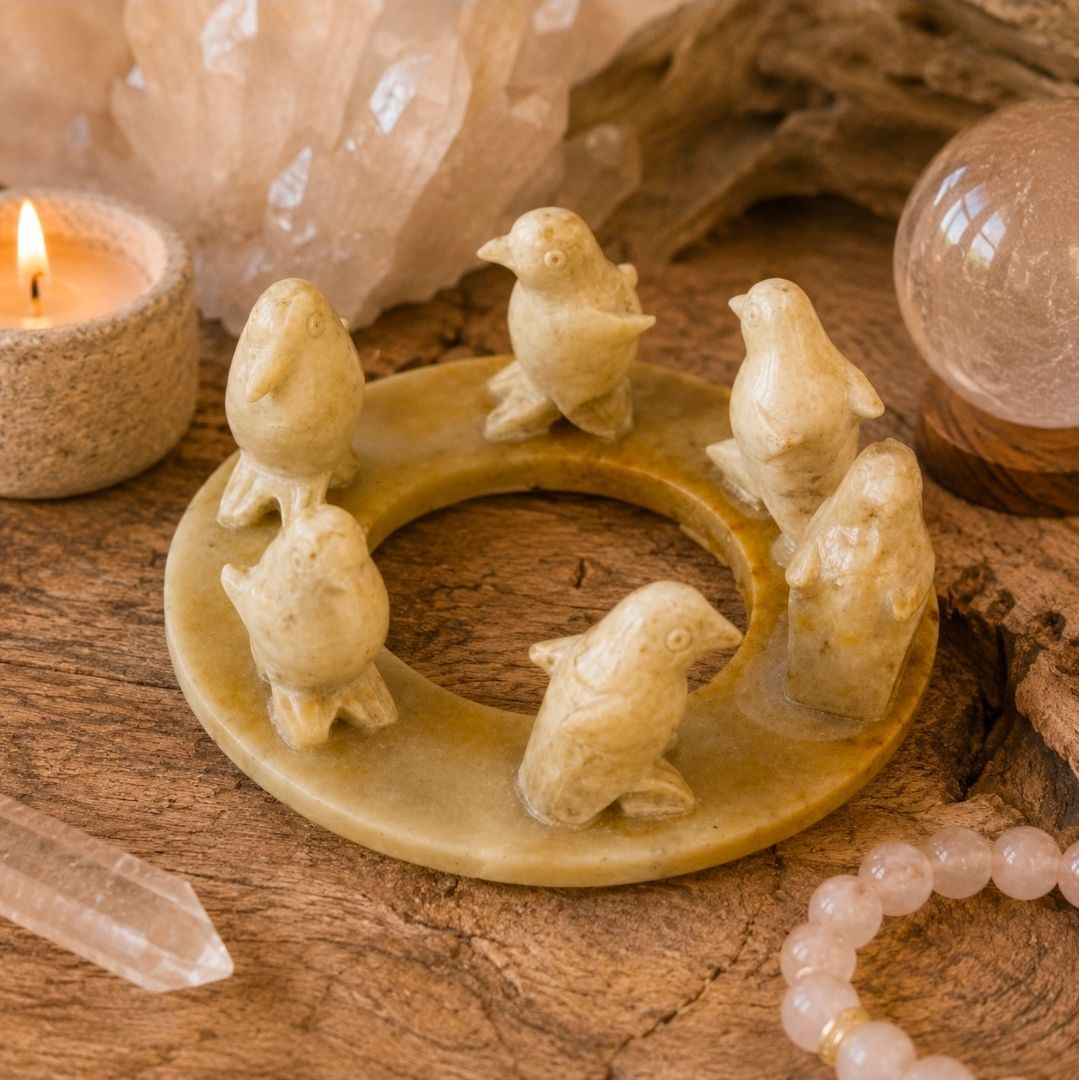 Kleine witte dierenfiguurtjes in een cirkel op een houten ondergrond met kristallen en een brandende kaars.