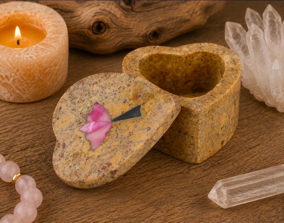 Twee hartvormige stenen doosjes op een houten voetstuk, naast een kaars, kristallen en roze rozenblaadjes.