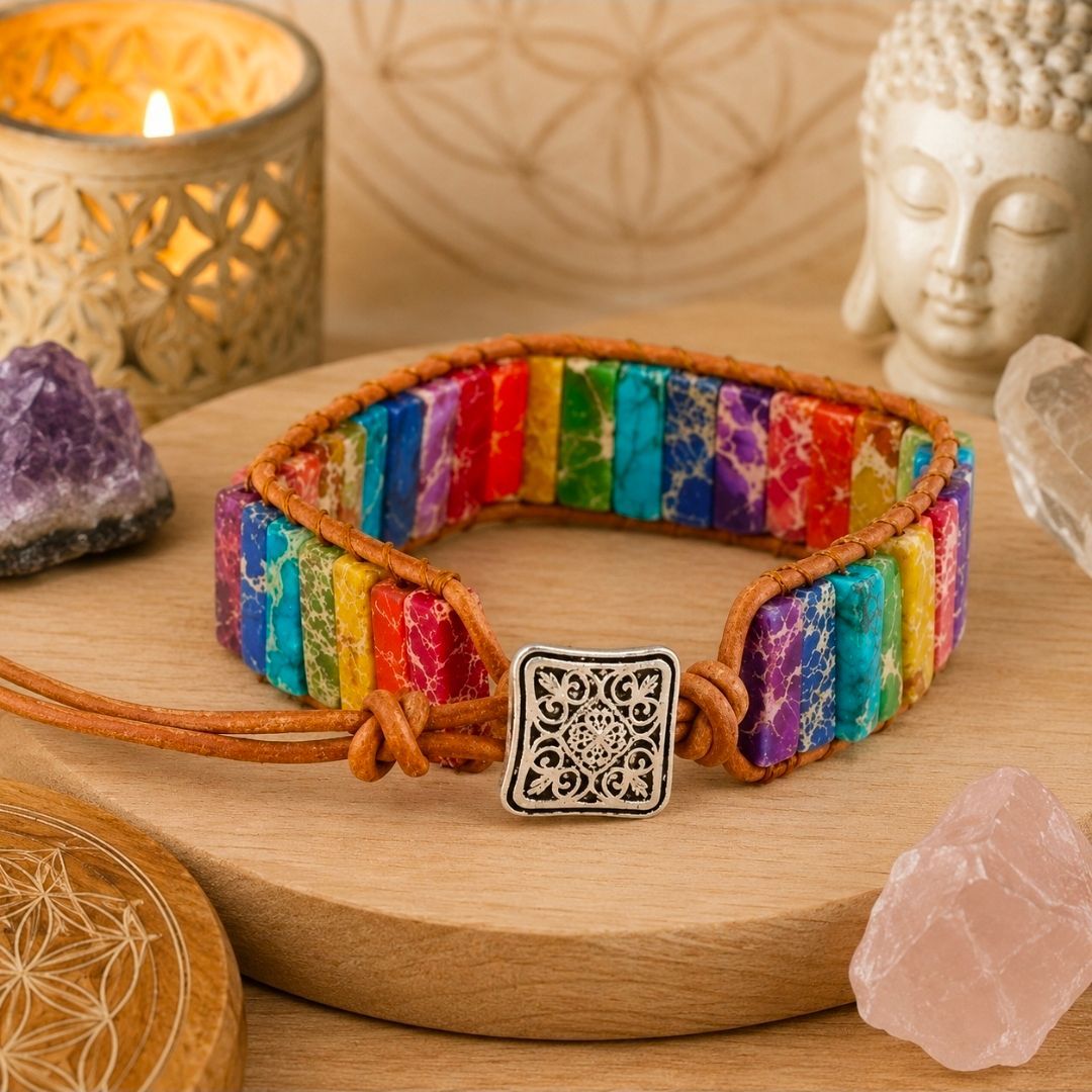Regenboogkleurige kralenarmband met zilveren sluiting op een houten standaard, omringd door kaarsen en kristallen.