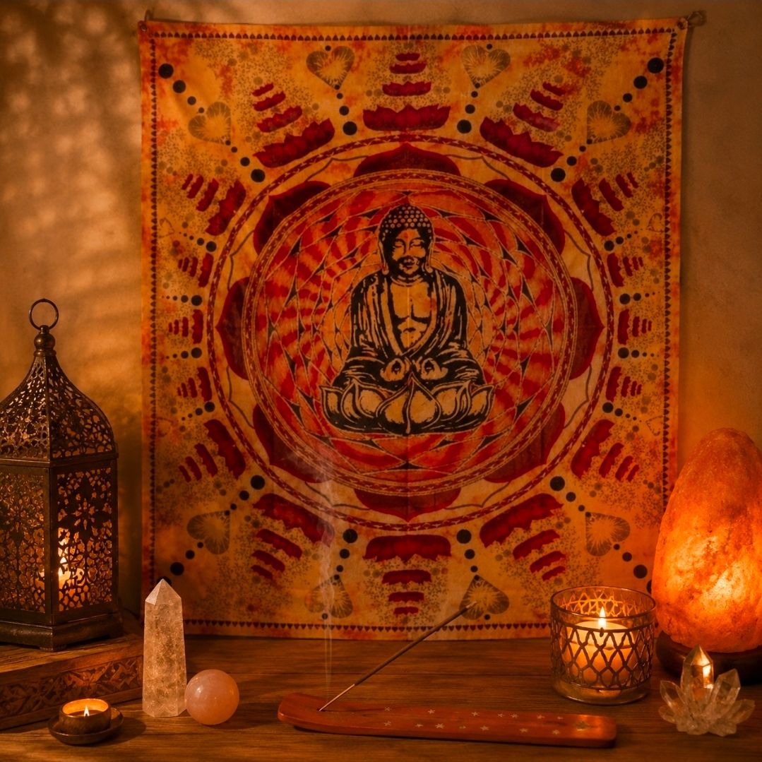 Een sfeervol verlicht altaar met een Boeddha-wandkleed, lantaarns, kaarsen en kristallen op een houten ondergrond.