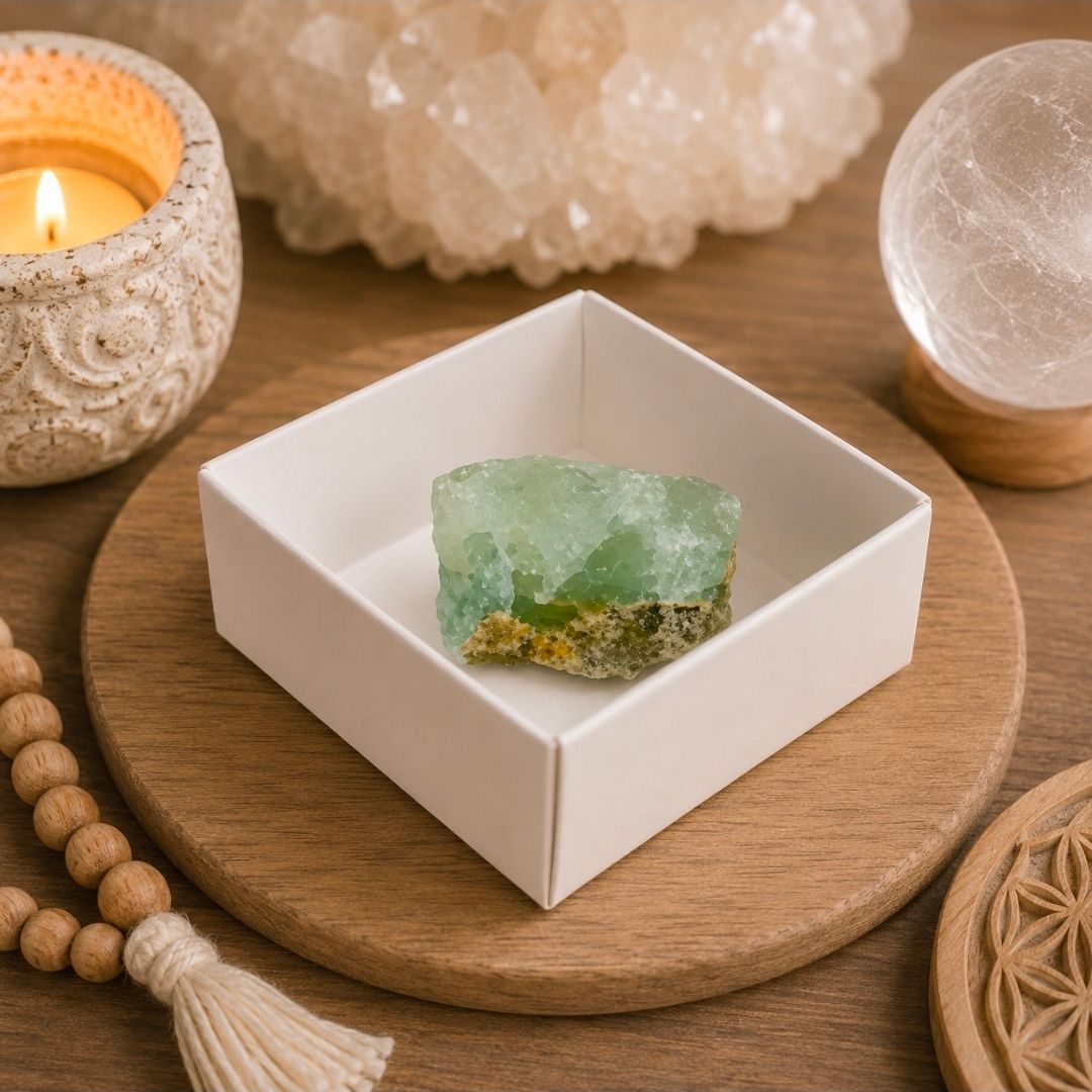 Witte doos met een groene kristal op een houten dienblad, omringd door kaarsen en decoratieve stenen.