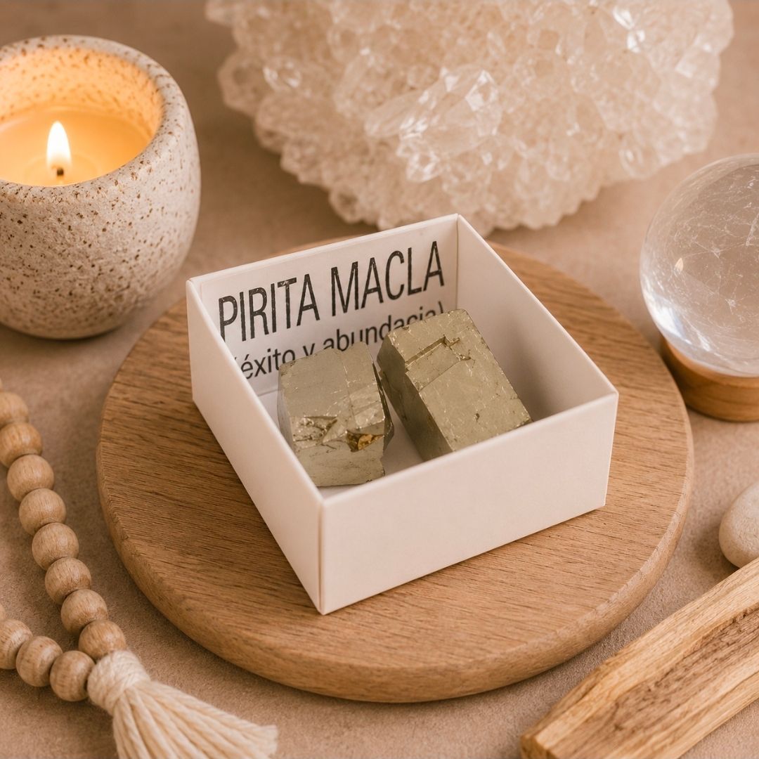 Een wit doosje met gouden Pirita Macia-oorbellen op een rond houten dienblad naast een brandende kaars en kristallen.