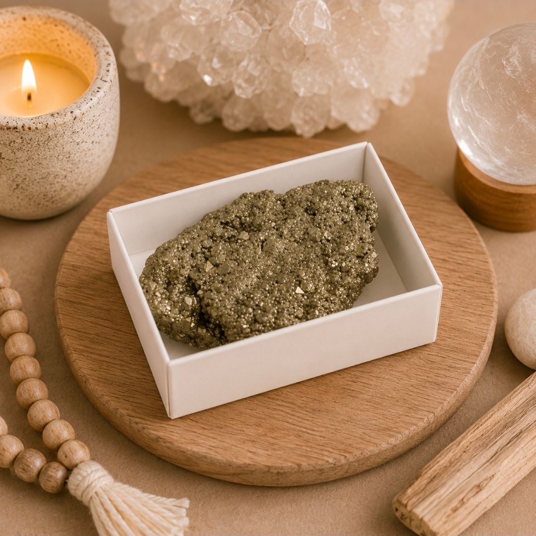 Een gouden kristal in een witte doos op een rond houten dienblad, met een kaars, kralen en salie ernaast.
