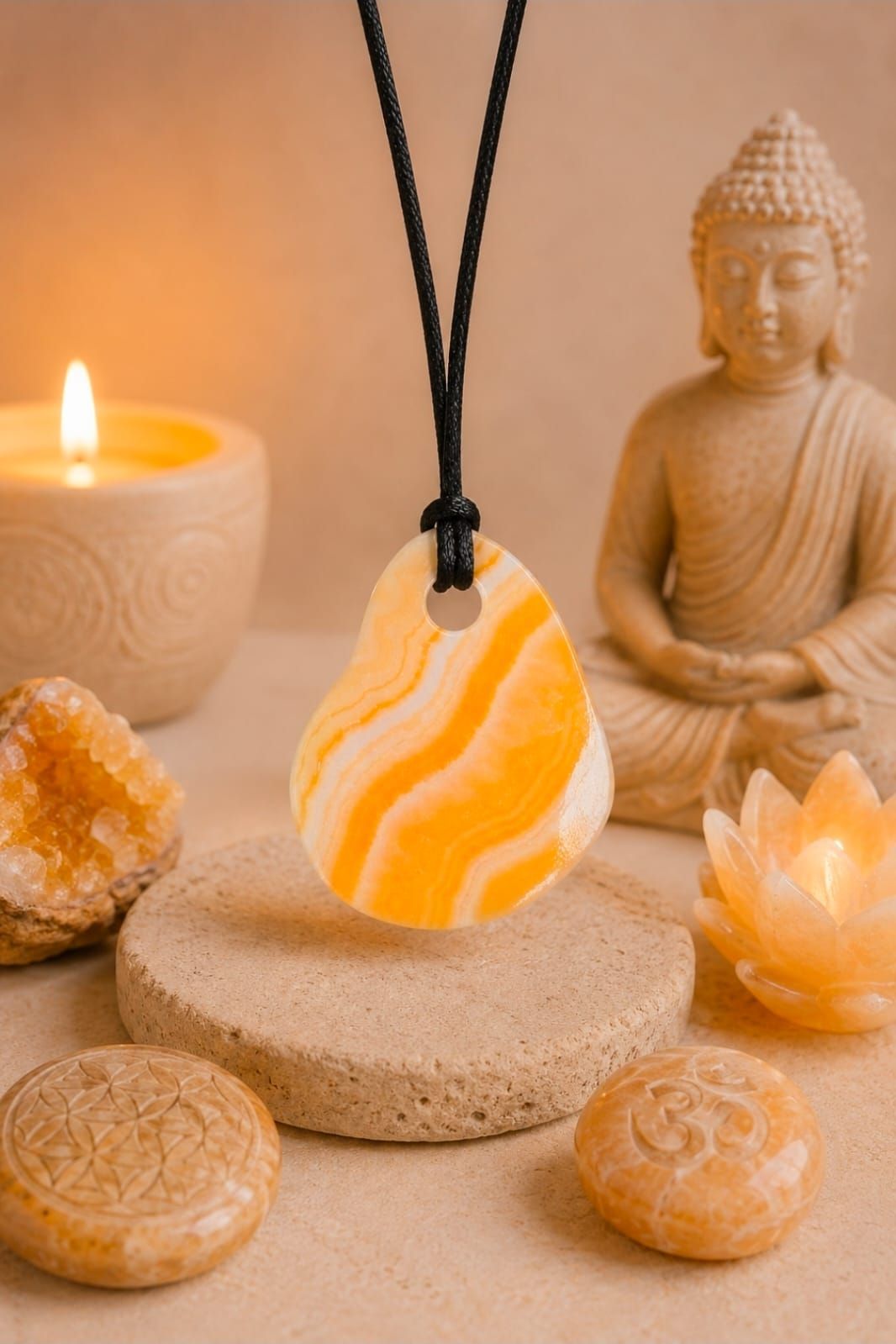 Oranje-witte hanger aan een zwart koord met kaars, Boeddhabeeldje en kristallen in een warme spa-omgeving.