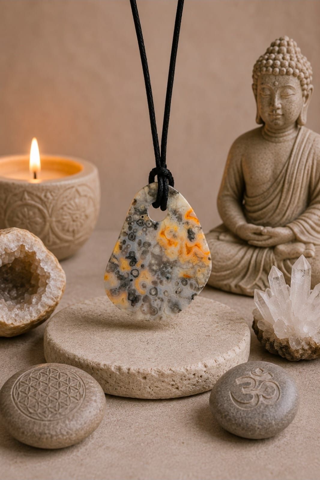 Meditatiestilleven met kaars, Boeddhabeeld, kristallen hanger en stenen op een beige ondergrond.