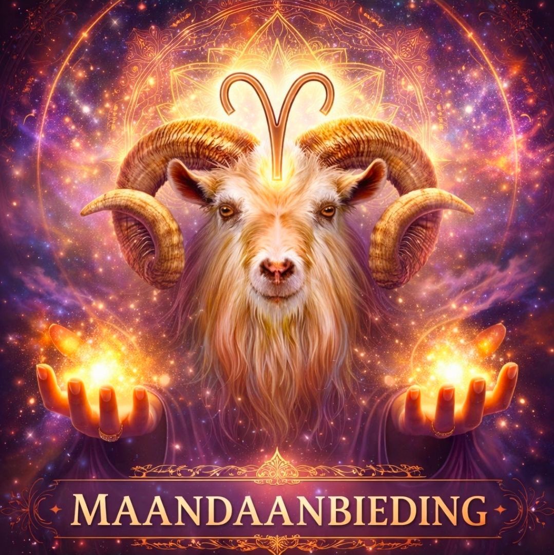 Mystieke ram met gloeiende hoorns en handen te midden van paars licht, met het onderschrift 
