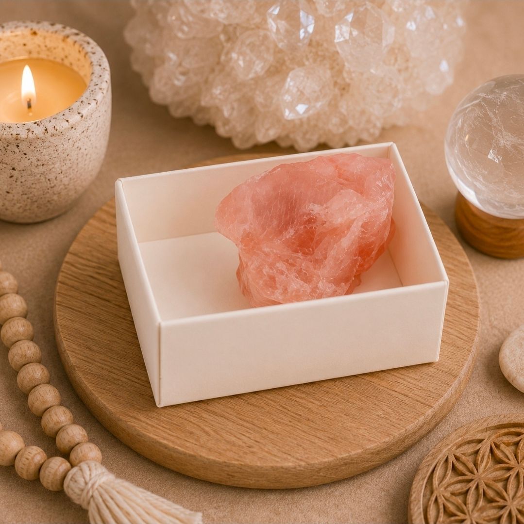 Roze kristal in een witte schaal op een houten plank met een brandende kaars en decoratieve stenen.
