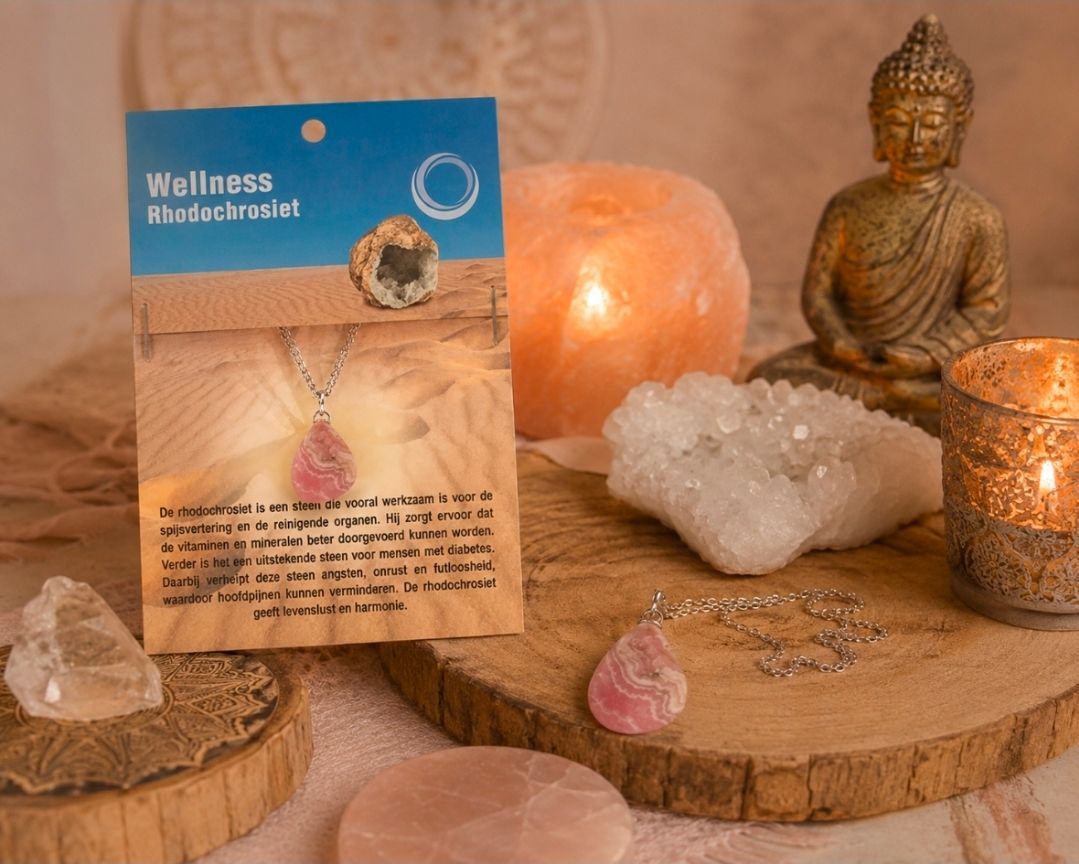Wellness badzoutpakket met kristallen, Boeddhabeeldje en kaarsen op een warme houten display