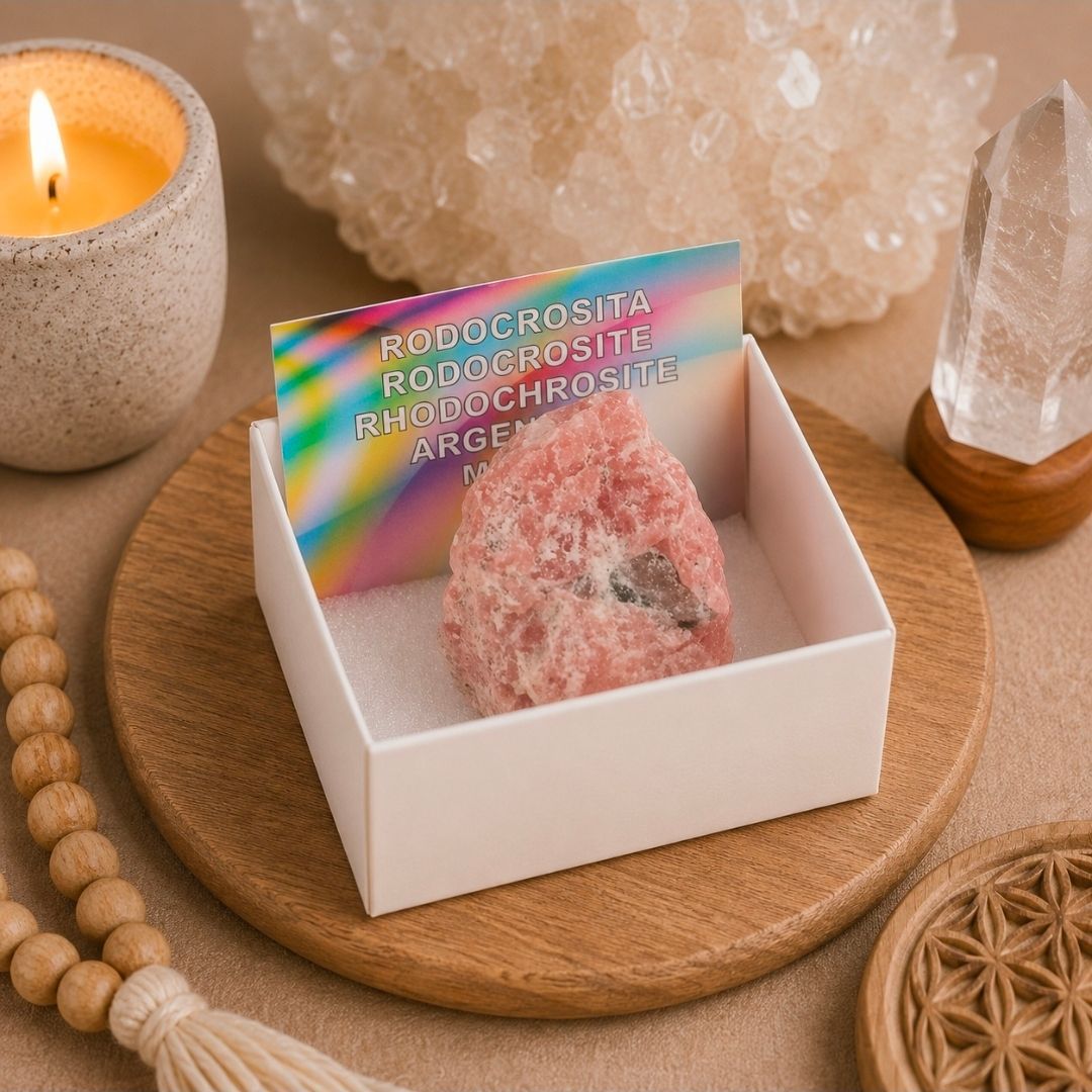 Witte doos met roze kristal en regenboogkaartje op een houten dienblad naast een brandende kaars en een kwartscluster.