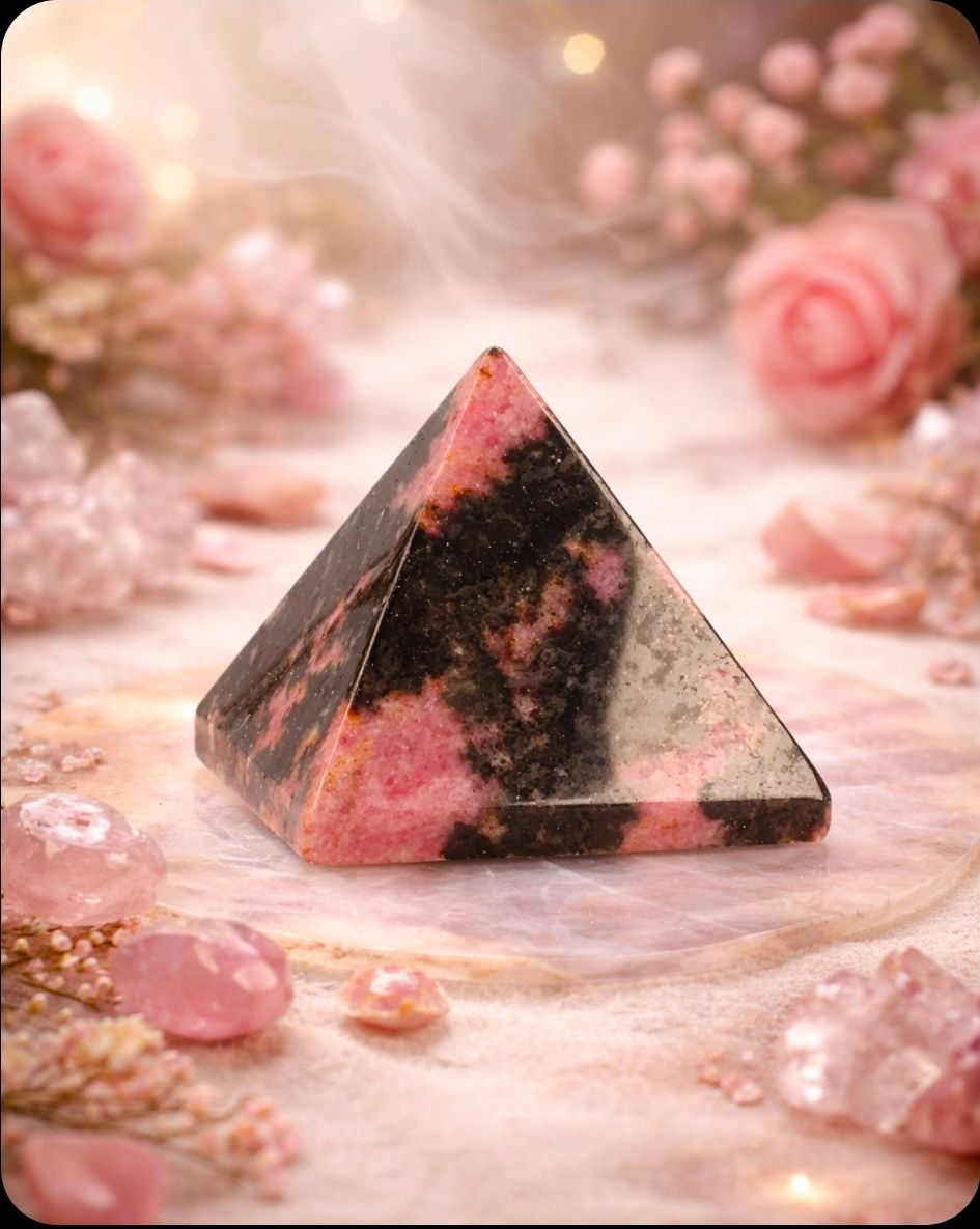 Roze en zwarte piramidevormige stenen op een zachtroze, bloemrijke ondergrond met rozen op de achtergrond.