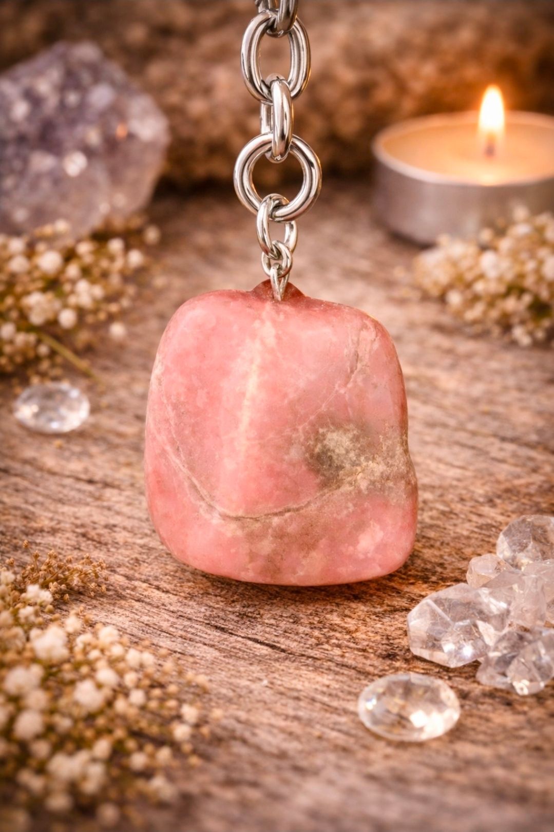 Roze gepolijste stenen hanger aan een zilveren ketting, naast kaarsen en kristallen op een houten ondergrond.
