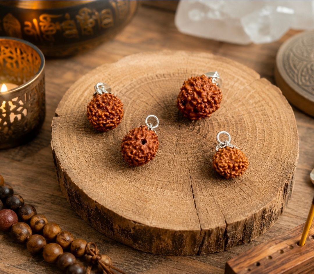 Hangers van rudraksha-kralen op een houten schijf, met kaarsen en een kralenketting op de achtergrond.