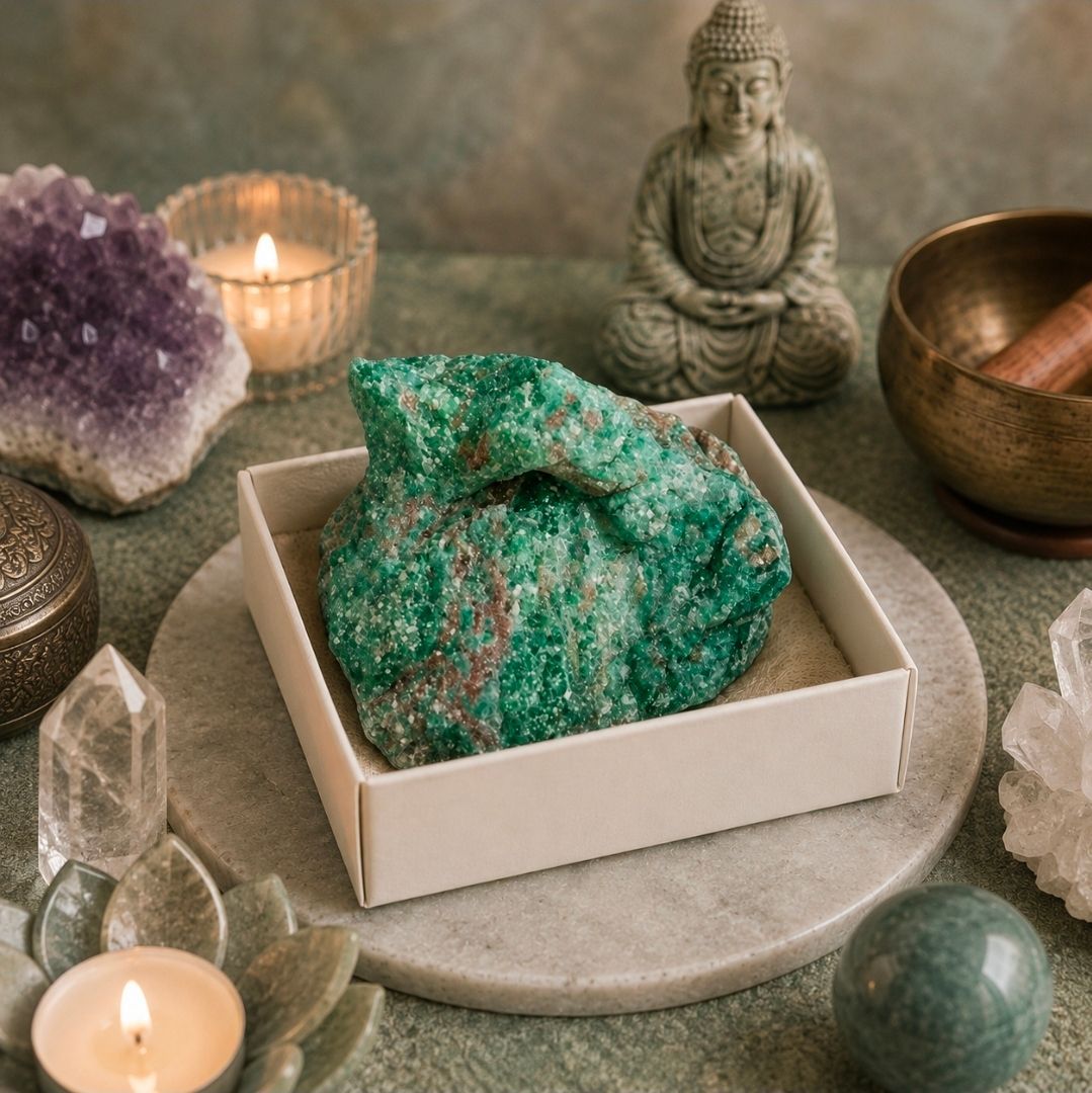 Spiritueel stilleven met groene kristallen in een witte doos, kaarsen, een Boeddhabeeldje en stenen.