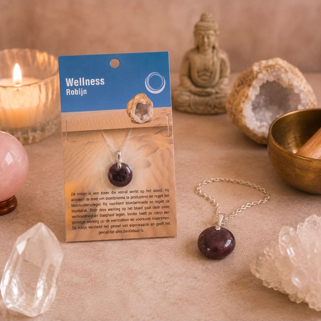 Wellness Brittin hanglamp display op beige tafel met kaars, kristallen, Boeddhabeeldje en klankschaal