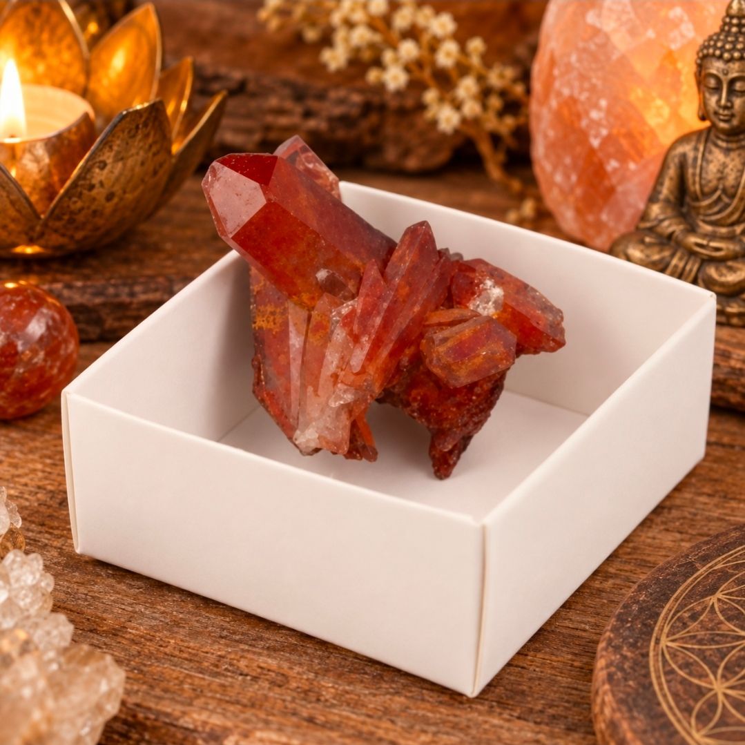 Red mountain crystal in a small box