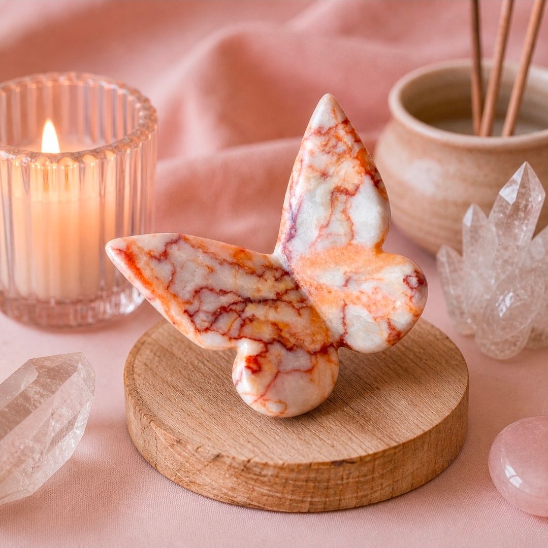 Vlinderachtige, gemarmerde kristallen ornamenten op een houten standaard, met een brandende kaars en kristallen op roze stof.