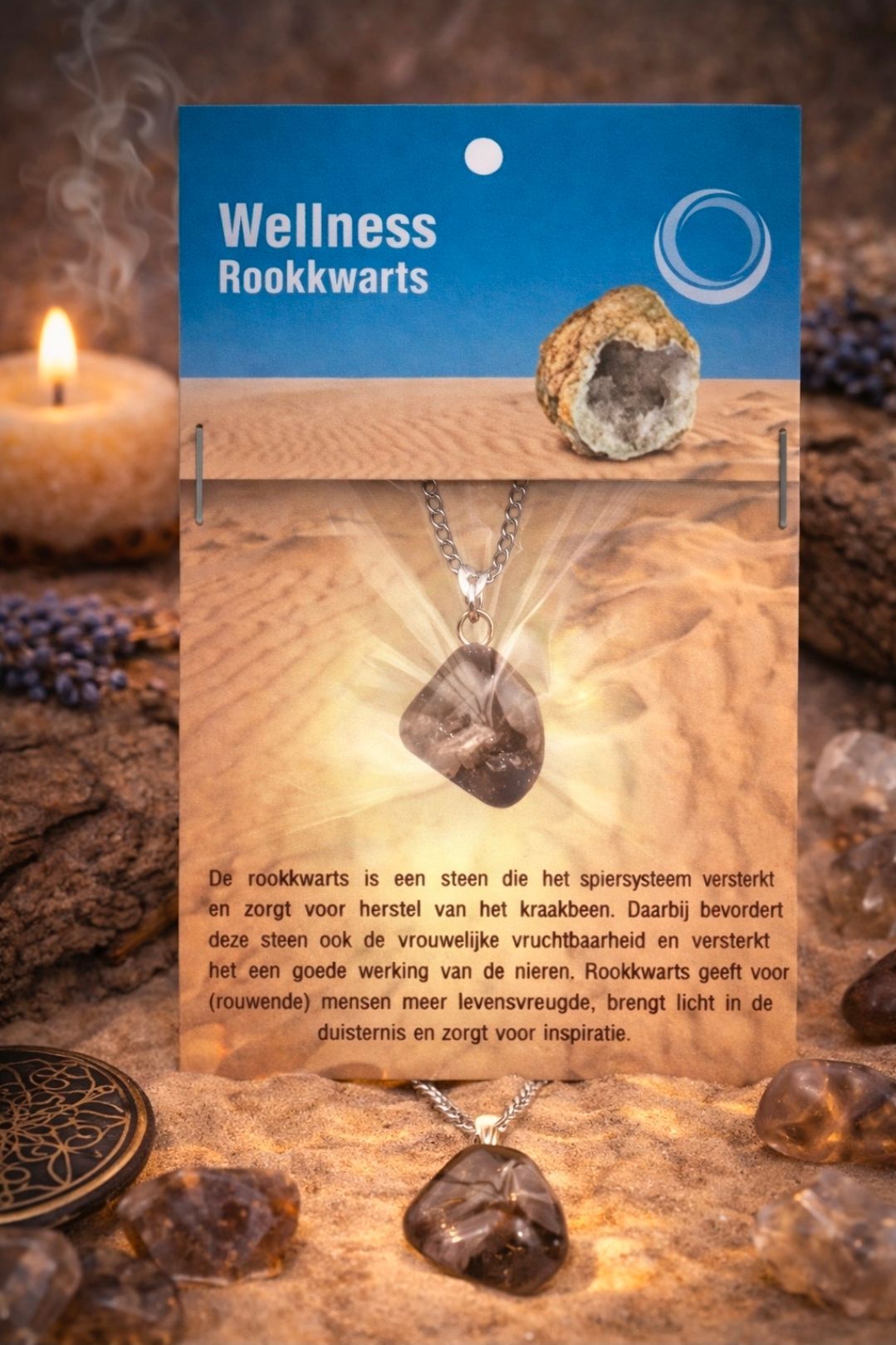 Wellness Rookwarts presenteert hartvormige kristallen kettingen op een warme, door kaarsen verlichte achtergrond.