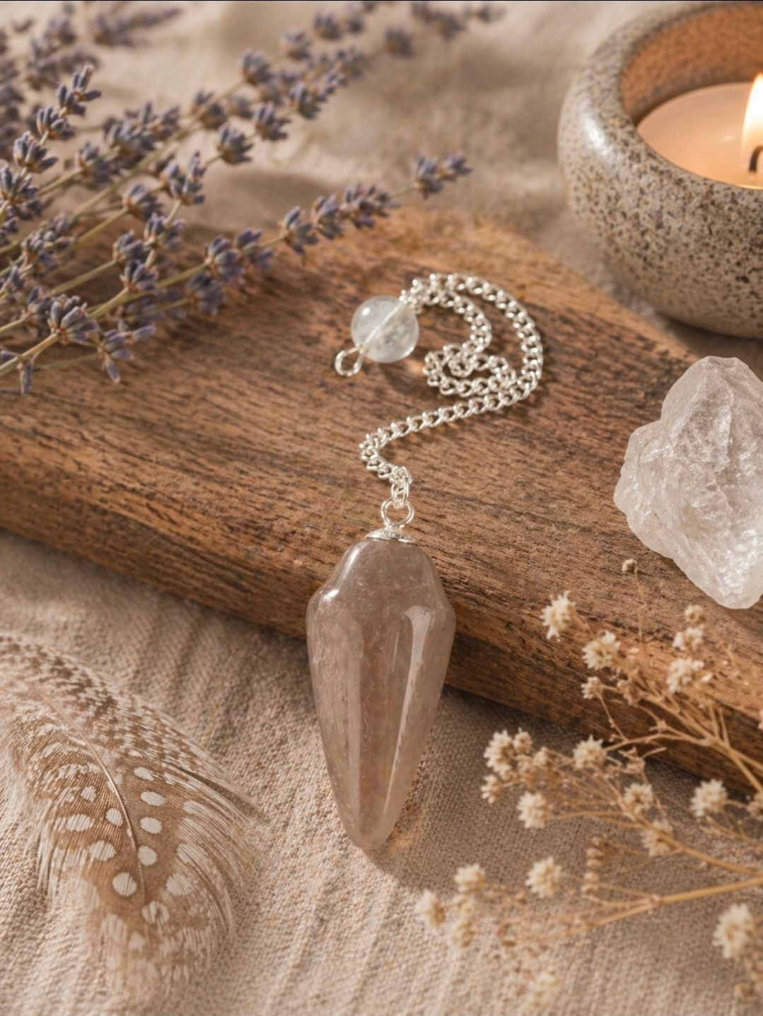 Kristallen hanger aan een rustieke houten plank met lavendel en kaars, in warme neutrale tinten.