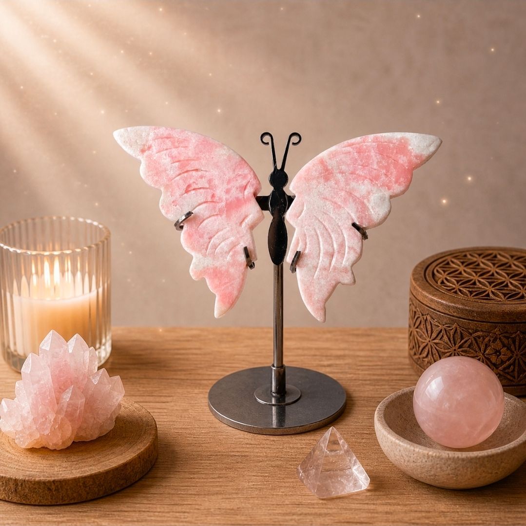 Roze vlinderfiguurtje op een standaard met kaarsen en kristallen op een tafelblad in warme tinten.