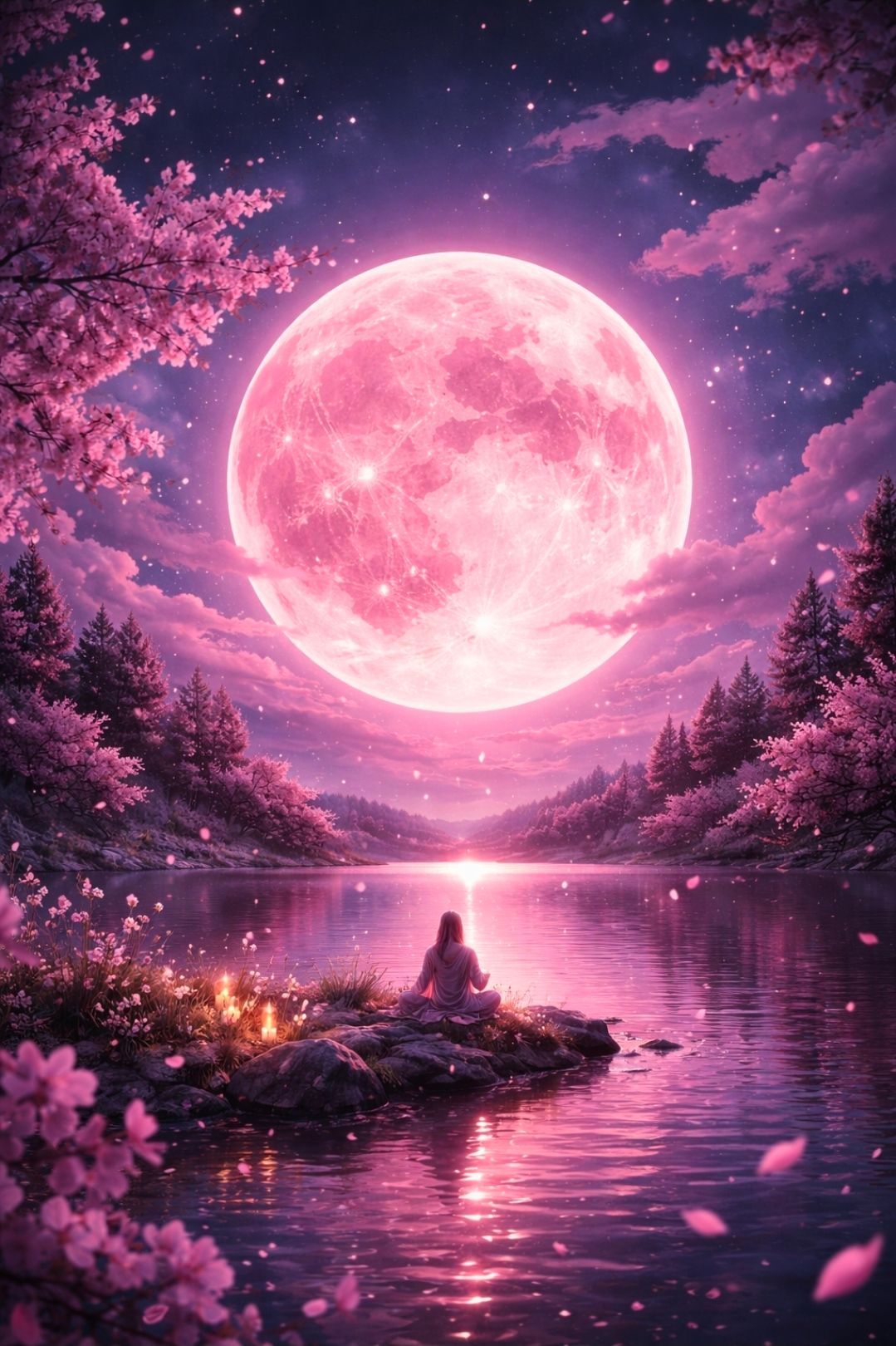 Roze maan boven een rustig meer met een silhouet, kersenbloesems en gloeiende weerspiegelingen in de schemering.