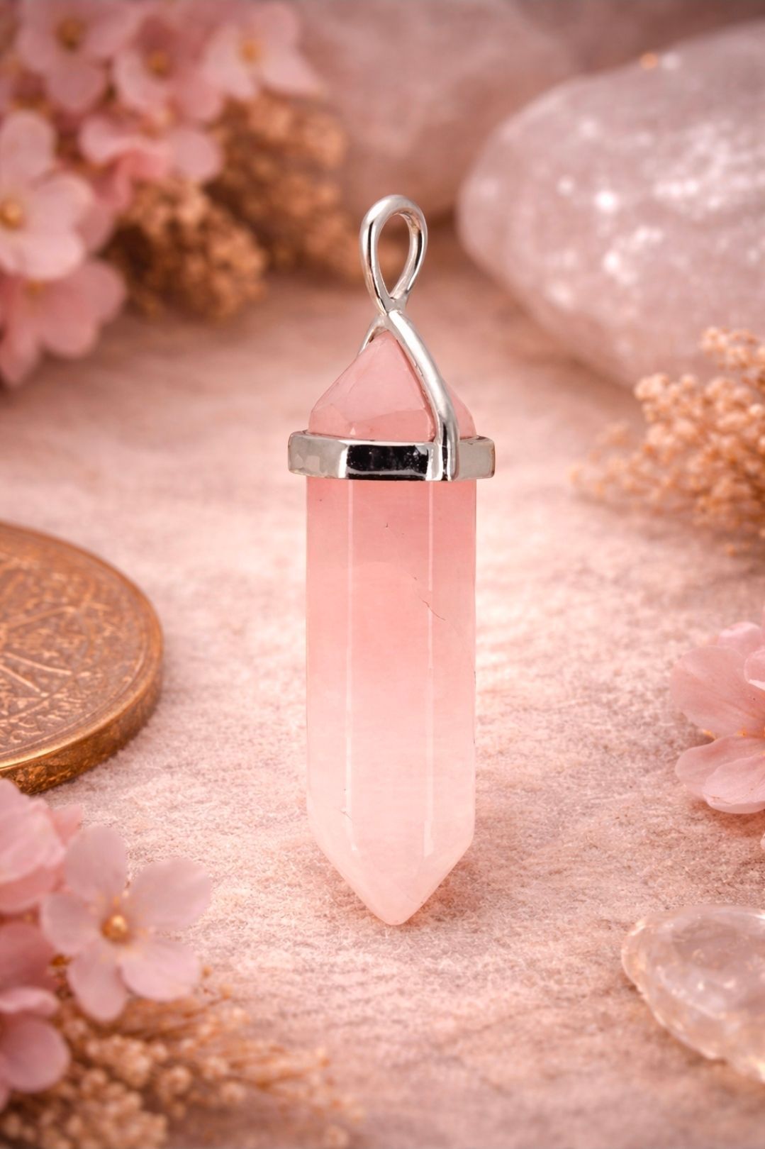 Roze kristallen hanger met zilveren dop op een zachtroze bloemenachtergrond.