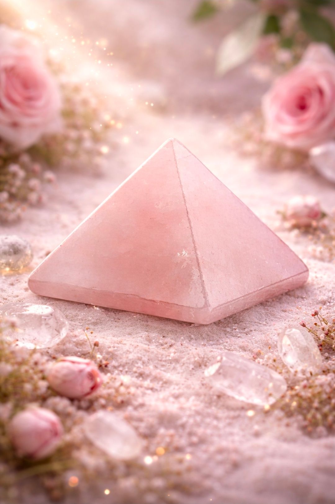 Roze piramidevormige kristallen op een zachte pastelkleurige bloemenachtergrond.