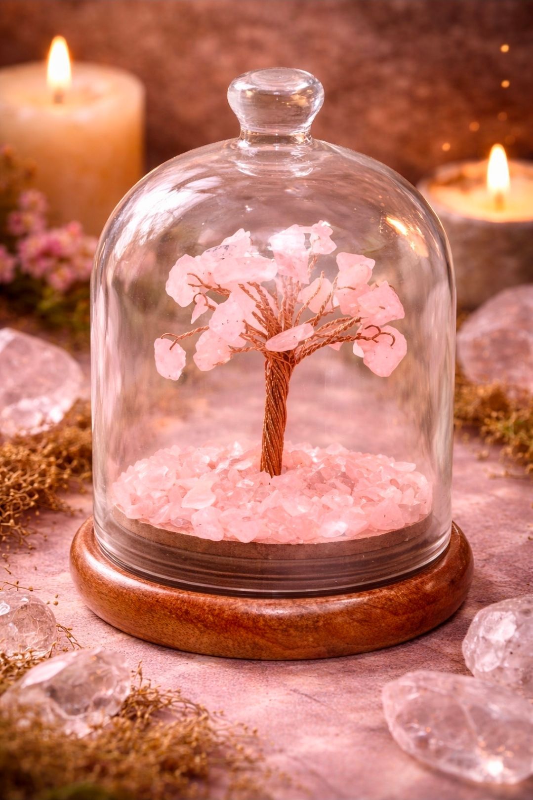 Een roze bloesemboom onder een glazen koepel op een houten voetstuk, omringd door kaarsen en rozenblaadjes.