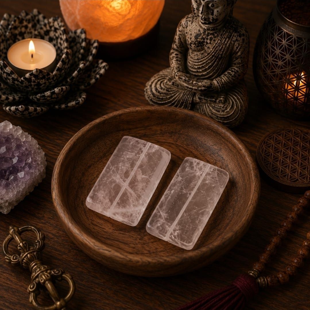 Een meditatieopstelling bij kaarslicht met twee heldere kristallen in een houten kom, omringd door spirituele decoraties