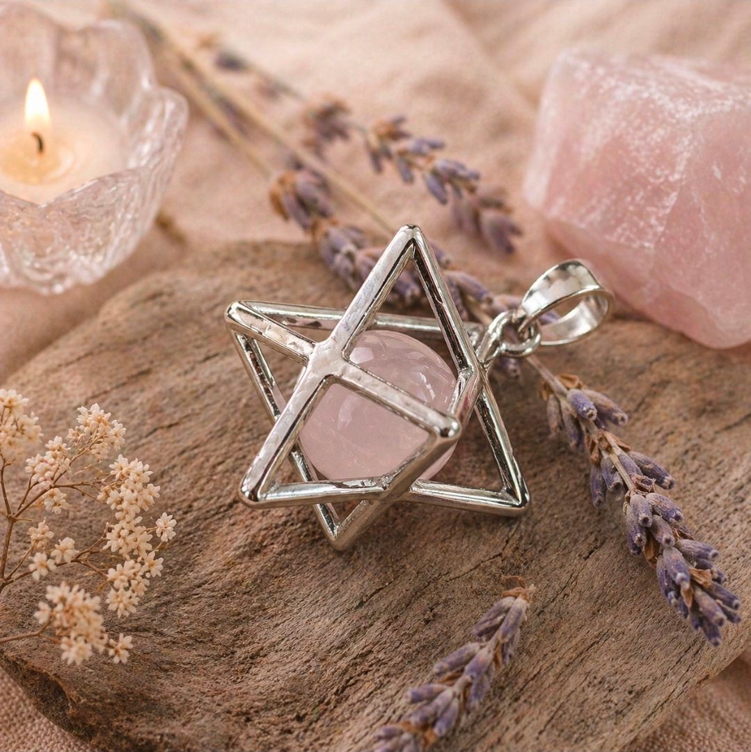 Hanger van rozenkwartskristal aan een geometrische zilveren ketting, gestyled met lavendeltakjes en een brandende kaars.