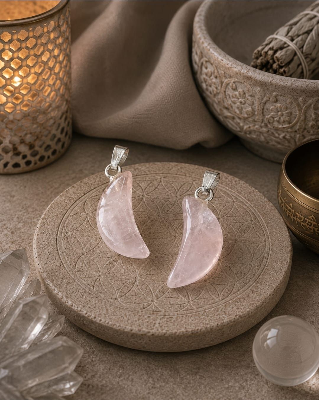 Roze, halvemaanvormige kristallen oorbellen op een ronde, beige sokkel met kaarsen en decoratie.