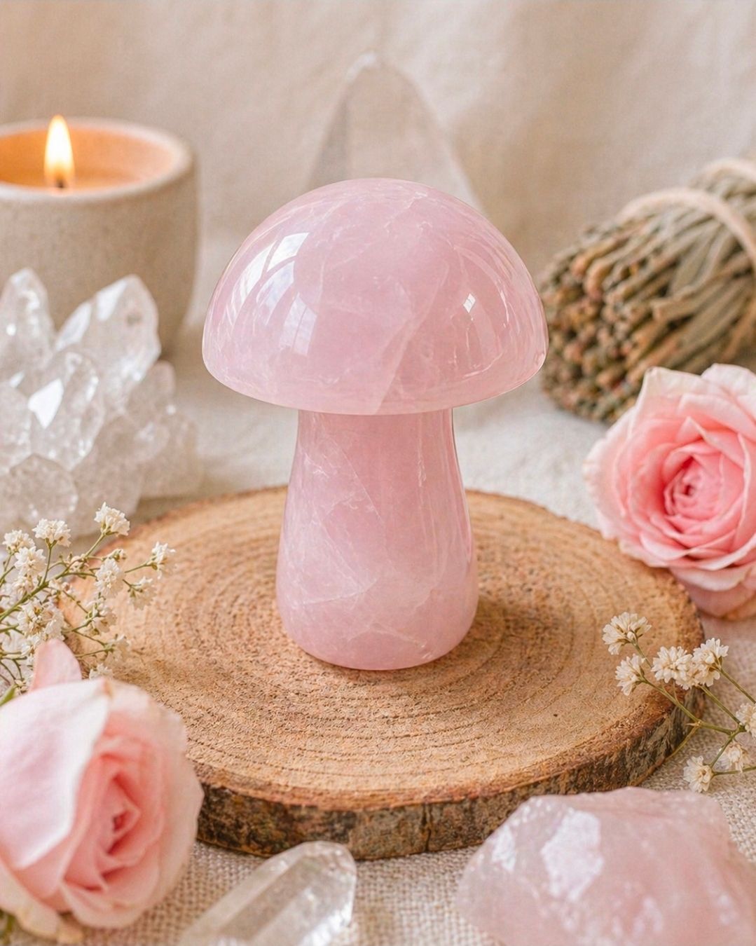 Decoratie met roze kristallen paddenstoelen op een geweven mat, omringd door rozen, kaarsen en kristallen.