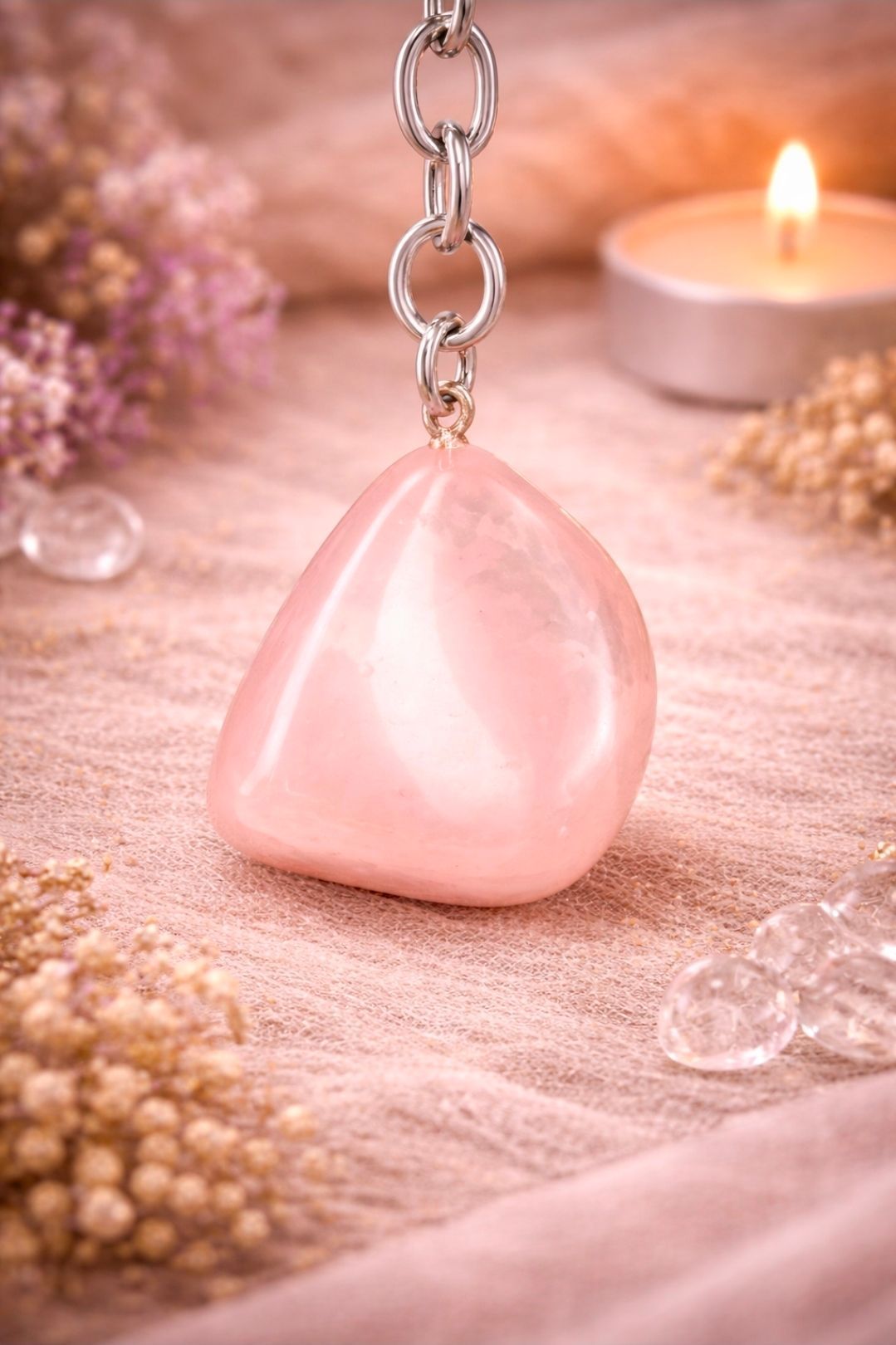 Roze druppelvormige hanger aan een zilveren ketting, verlicht door een kaars tegen een zachte pastelkleurige achtergrond.