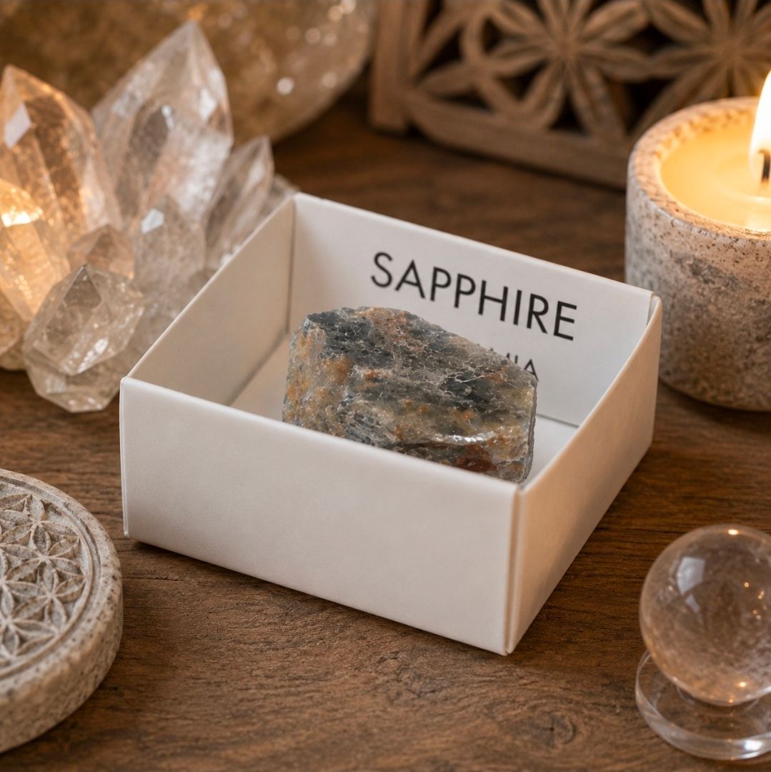 Saffierkristal in een witte doos op een houten tafel met kaarsen en decoratieve stenen.